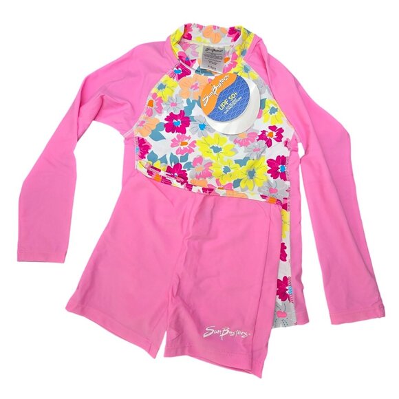 SunBusters Rash Guard Set 4-5Yrs UPF 50 Pink Floral Long Sleeve Short JJ4126 - Picture 1 of 7